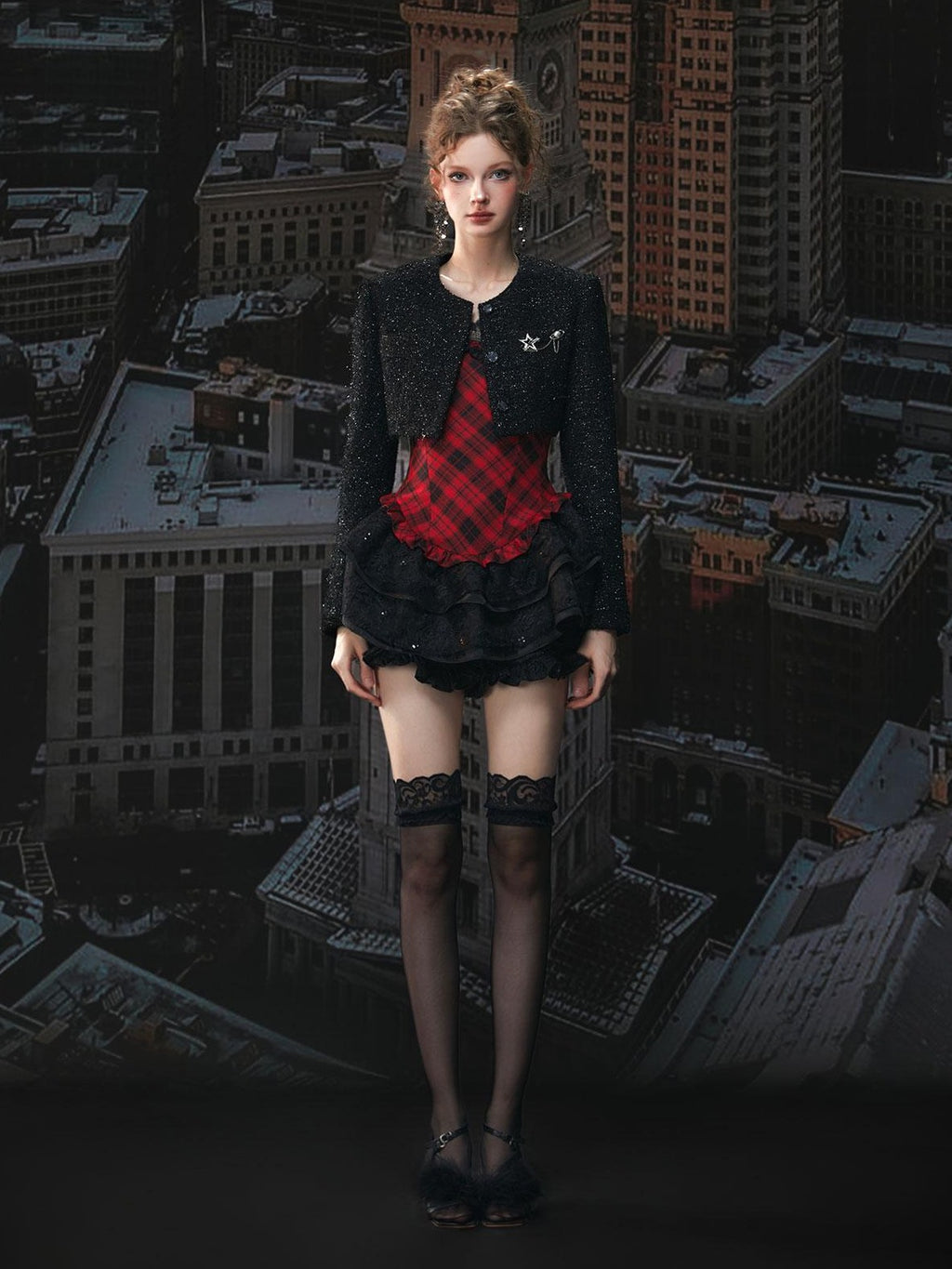 Tut tuto Red Black Plaid Lace Puff Strappy Two Piece Women's Cotton Slip Mini Dresses