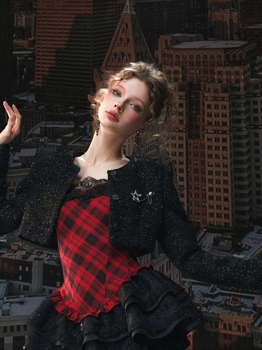 Tut tuto Red Black Plaid Lace Puff Strappy Two Piece Women's Cotton Slip Mini Dresses