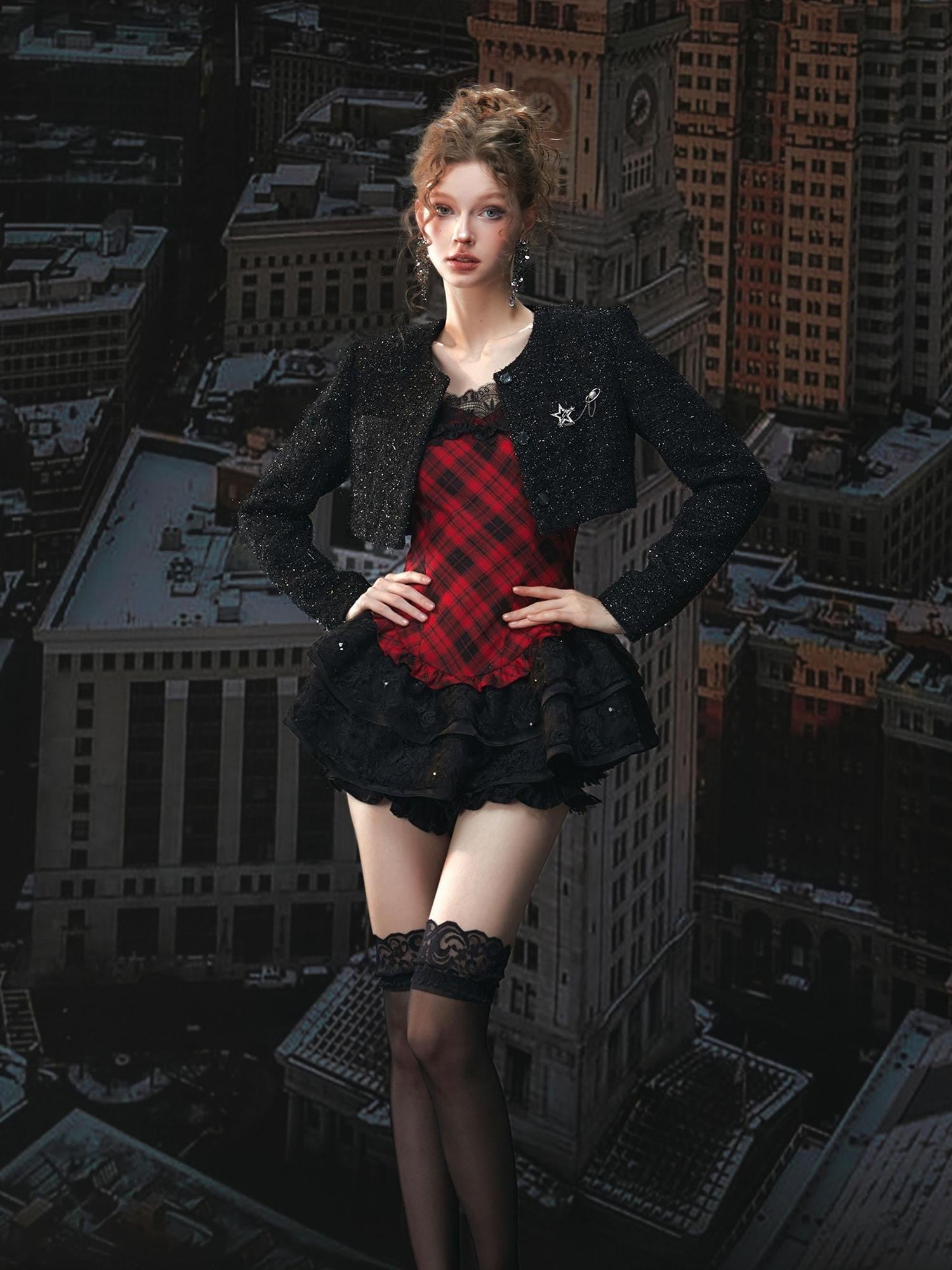 Tut tuto Red Black Plaid Lace Puff Strappy Two Piece Women's Cotton Slip Mini Dresses