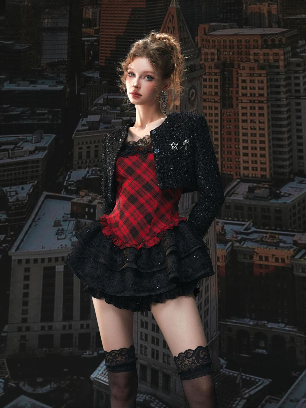Tut tuto Red Black Plaid Lace Puff Strappy Two Piece Women's Cotton Slip Mini Dresses