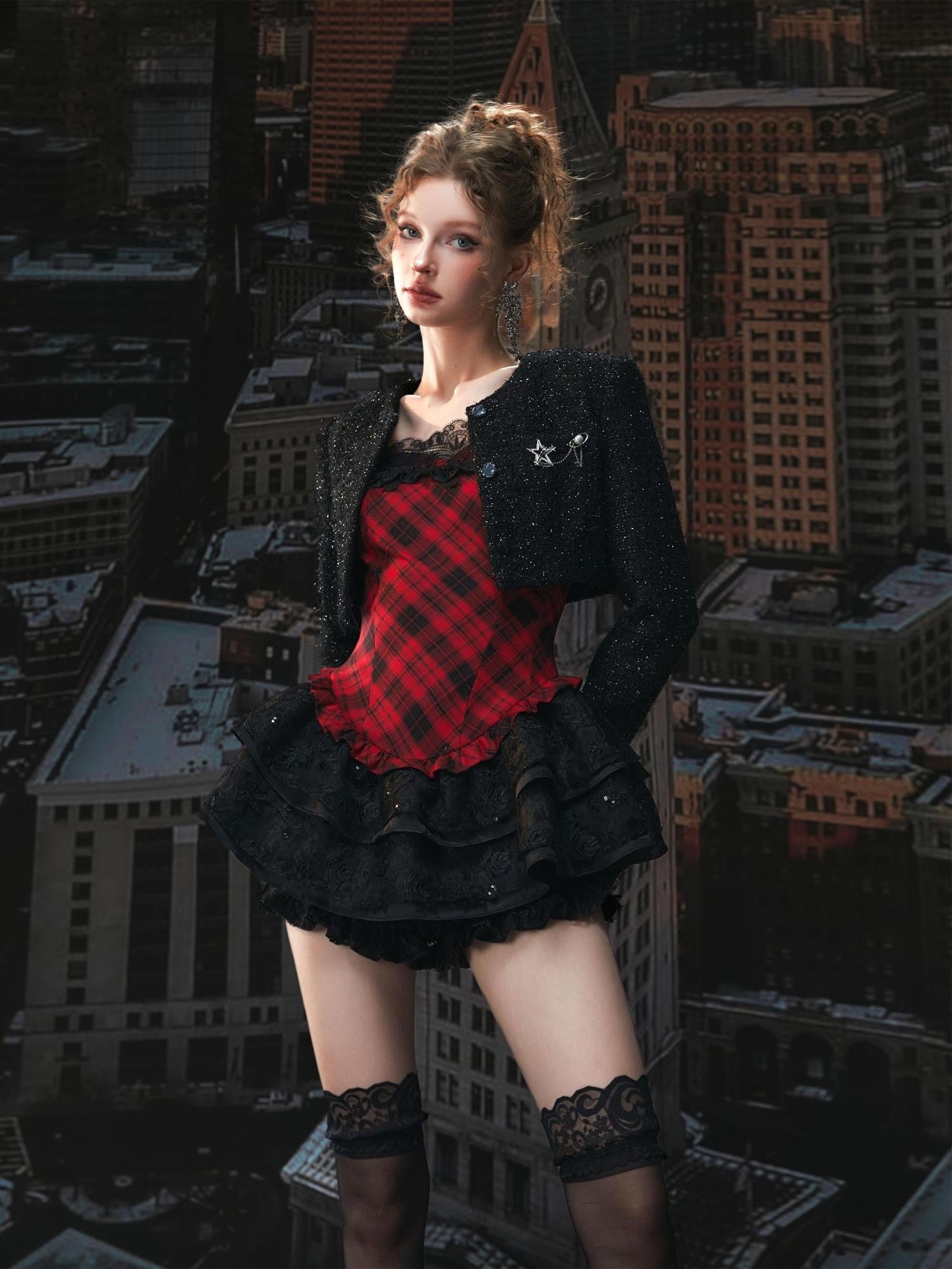 Tut tuto Red Black Plaid Lace Puff Strappy Two Piece Women's Cotton Slip Mini Dresses
