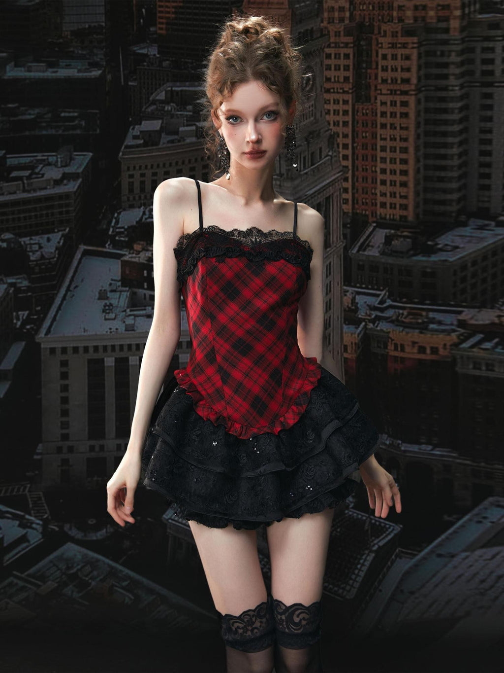 Tut tuto Red Black Plaid Lace Puff Strappy Two Piece Women's Cotton Slip Mini Dresses