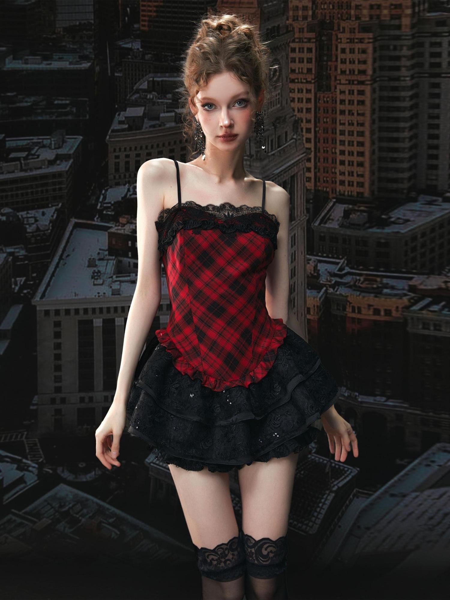 Tut tuto Red Black Plaid Lace Puff Strappy Two Piece Women's Cotton Slip Mini Dresses