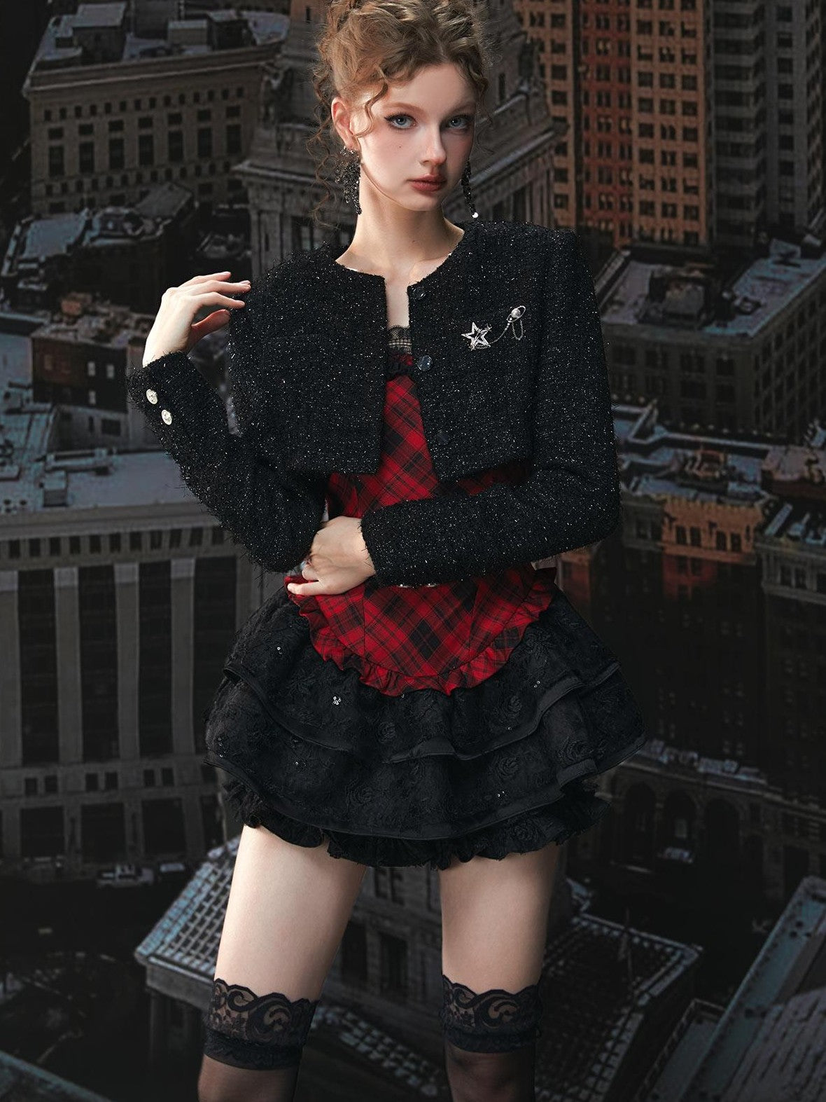Tut tuto Red Black Plaid Lace Puff Strappy Two Piece Women's Cotton Slip Mini Dresses