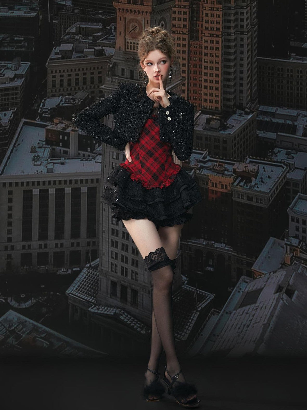 Tut tuto Red Black Plaid Lace Puff Strappy Two Piece Women's Cotton Slip Mini Dresses
