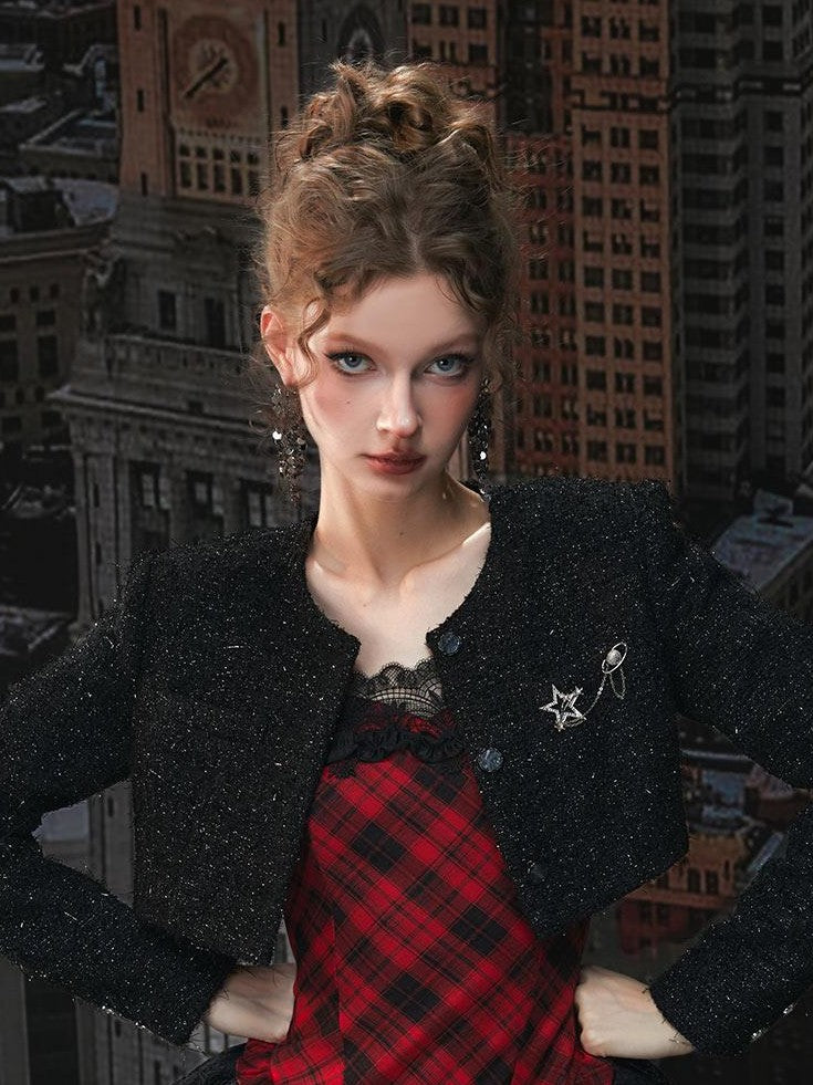 Tut tuto Red Black Plaid Lace Puff Strappy Two Piece Women's Cotton Slip Mini Dresses