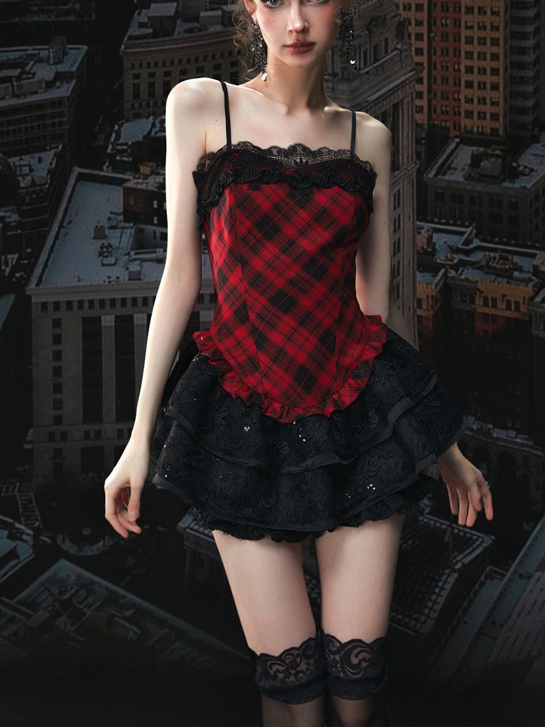 Tut tuto Red Black Plaid Lace Puff Strappy Two Piece Women's Cotton Slip Mini Dresses