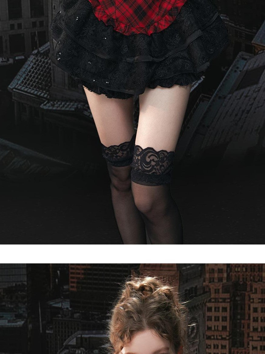 Tut tuto Red Black Plaid Lace Puff Strappy Two Piece Women's Cotton Slip Mini Dresses