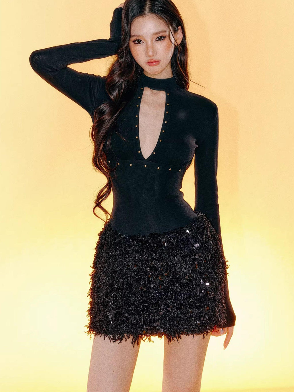Tut tuto Red Rose Rhinestone Sequin Cutout V-neck Women's Cotton Bodycon Mini Dresses