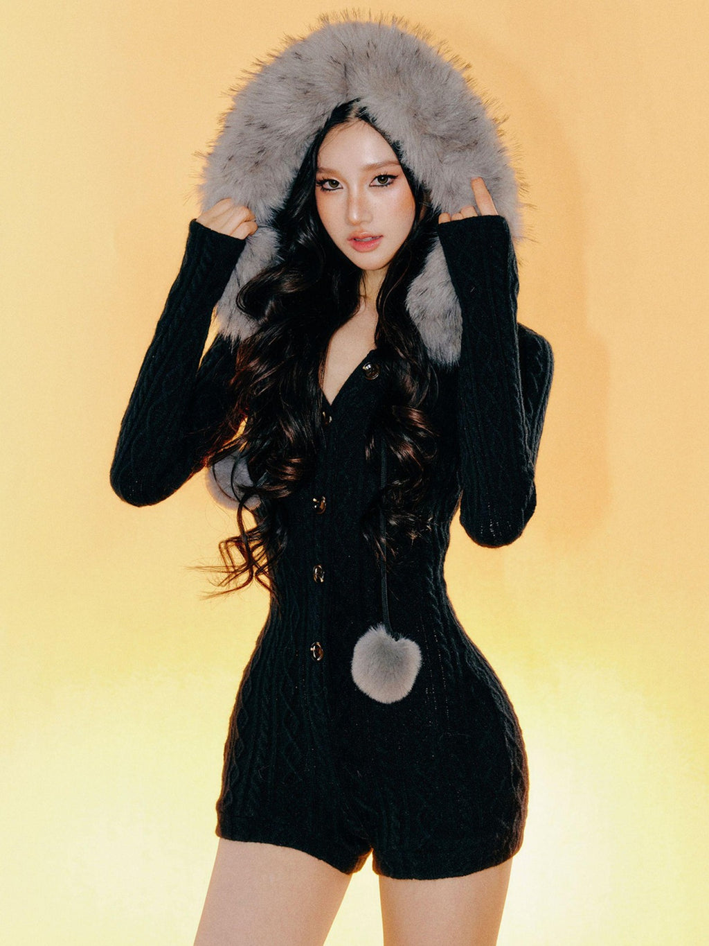 Tut tuto Removable Fur Collar Hooded Shaping Women's Acrylic Long Sleeve Bodysuits