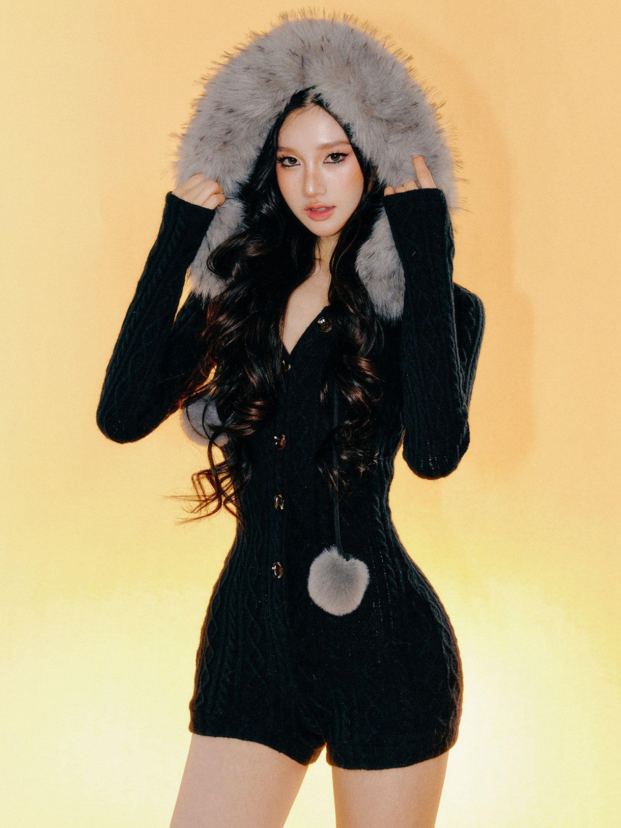 Tut tuto Removable Fur Collar Hooded Shaping Women's Acrylic Long Sleeve Bodysuits
