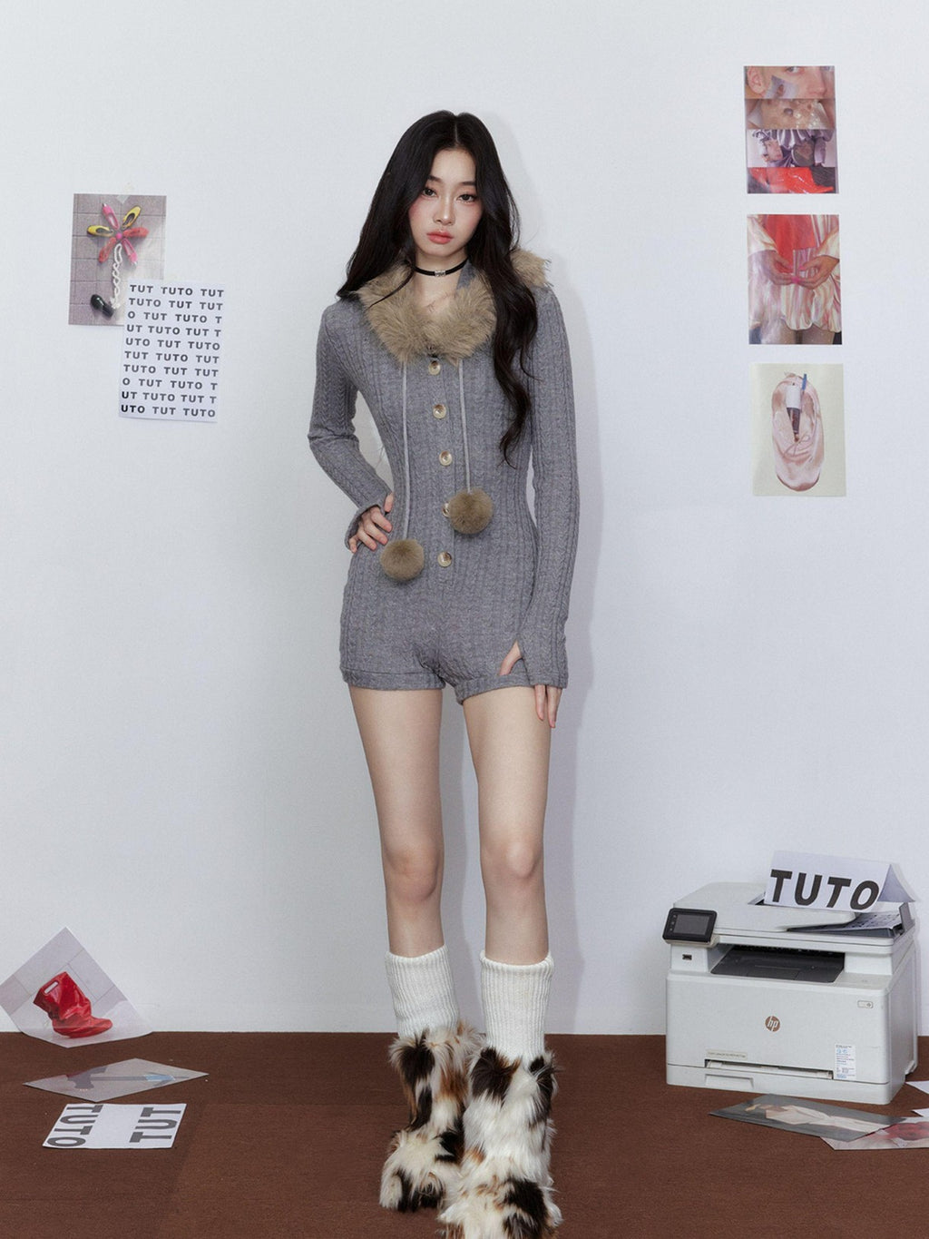 Tut tuto Removable Fur Collar Hooded Shaping Women's Acrylic Long Sleeve Bodysuits