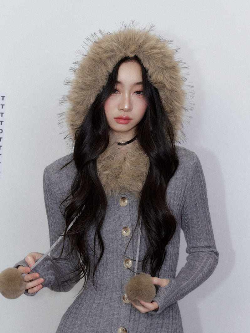 Tut tuto Removable Fur Collar Hooded Shaping Women's Acrylic Long Sleeve Bodysuits