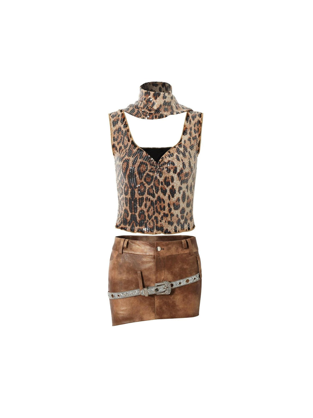 Tut tuto Sequin Leopard Print Backless Cropped Slim Fit Women's Polyester Tank Tops