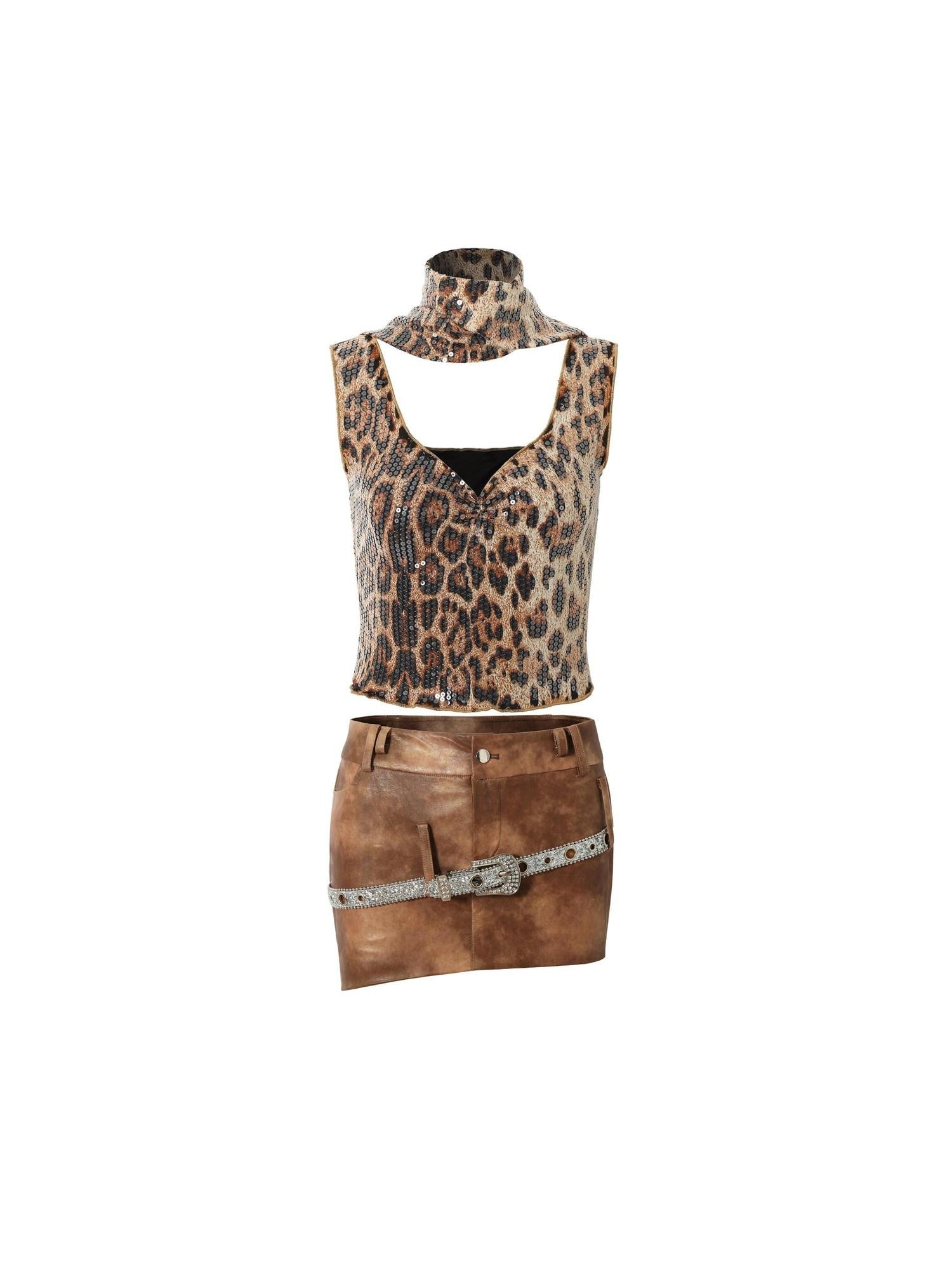 Tut tuto Sequin Leopard Print Backless Cropped Slim Fit Women's Polyester Tank Tops