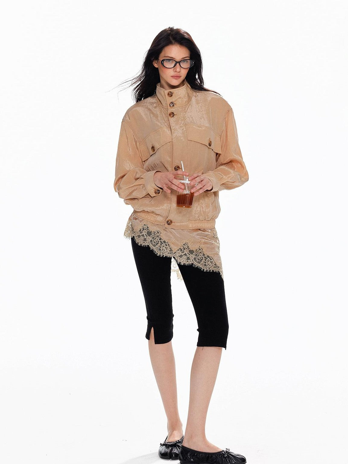 Tut tuto Shiny Lace Slim Fit Stand Collar Lyocell Women's Utility Jackets