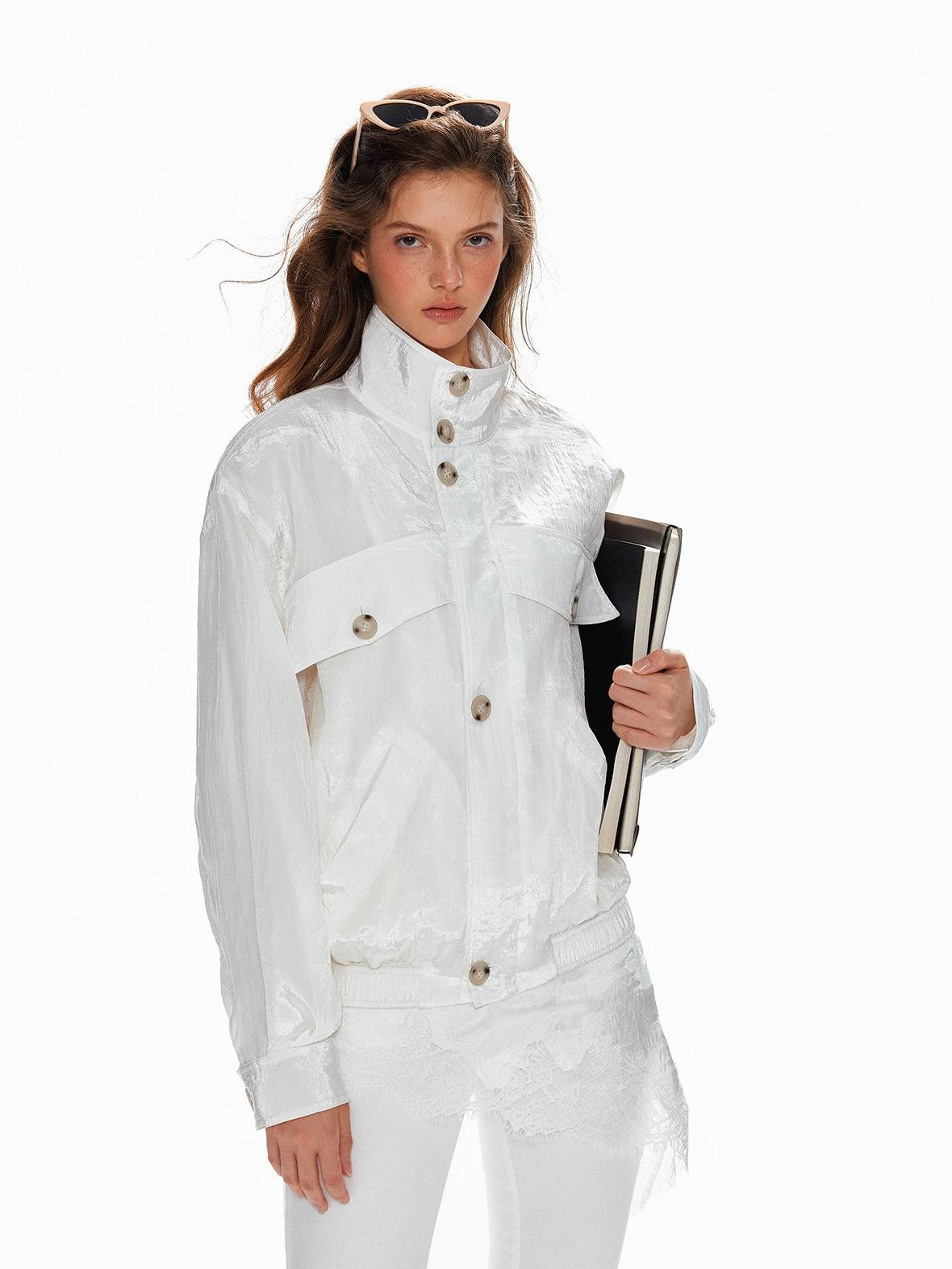 Tut tuto Shiny Lace Slim Fit Stand Collar Lyocell Women's Utility Jackets