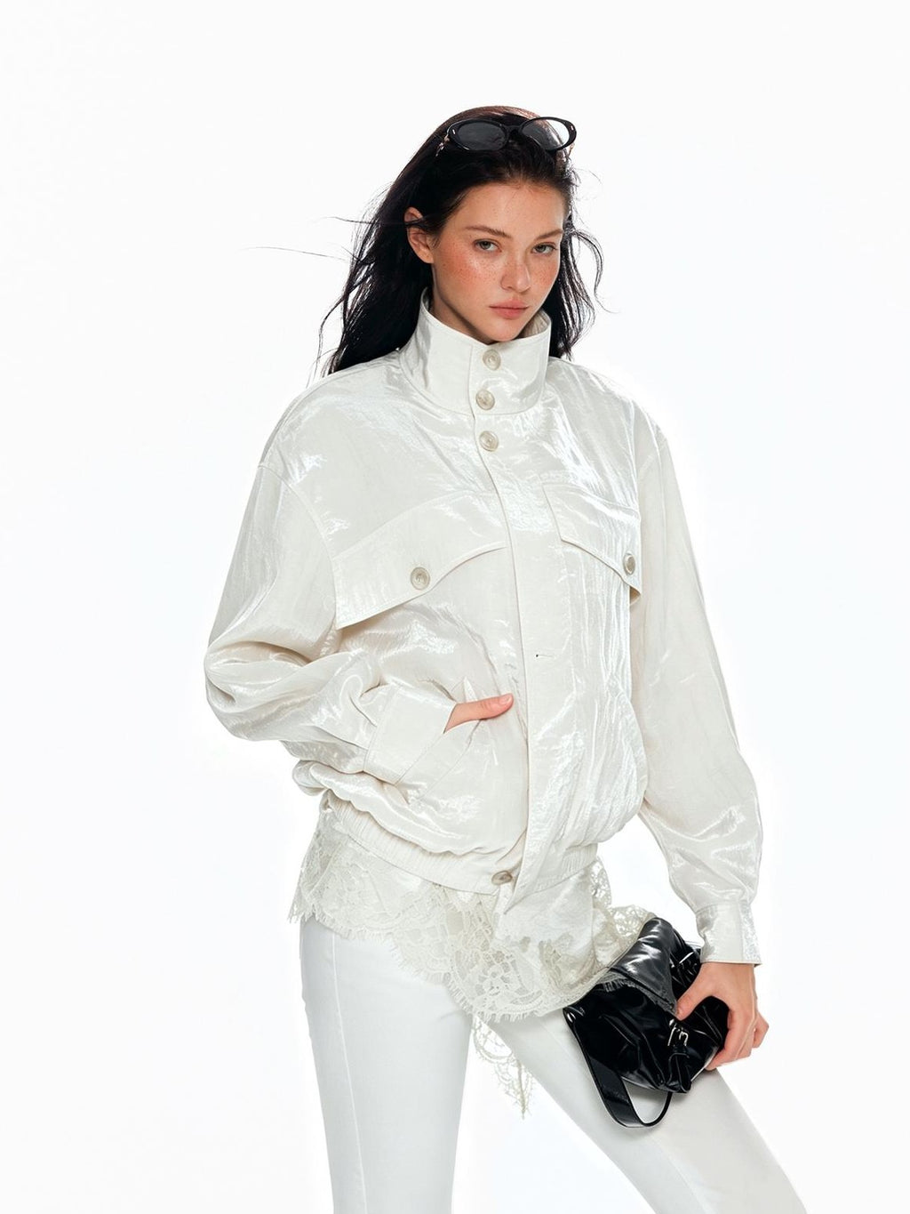 Tut tuto Shiny Lace Slim Fit Stand Collar Lyocell Women's Utility Jackets