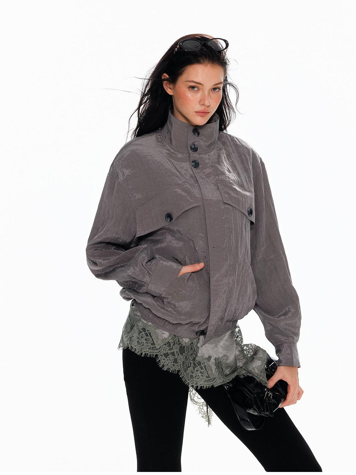 Tut tuto Shiny Lace Slim Fit Stand Collar Lyocell Women's Utility Jackets