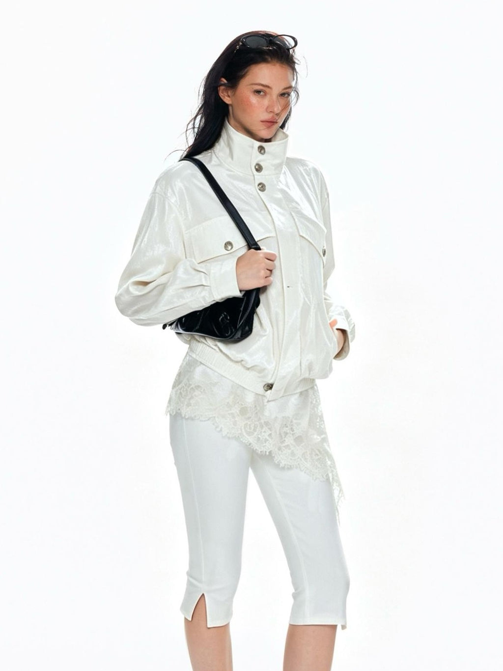 Tut tuto Shiny Lace Slim Fit Stand Collar Lyocell Women's Utility Jackets