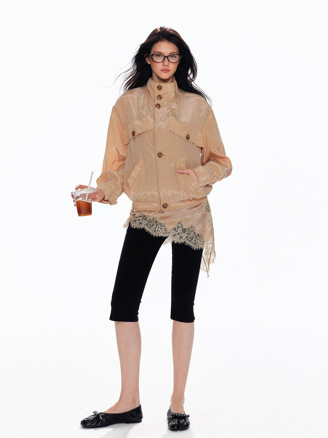 Tut tuto Shiny Lace Slim Fit Stand Collar Lyocell Women's Utility Jackets