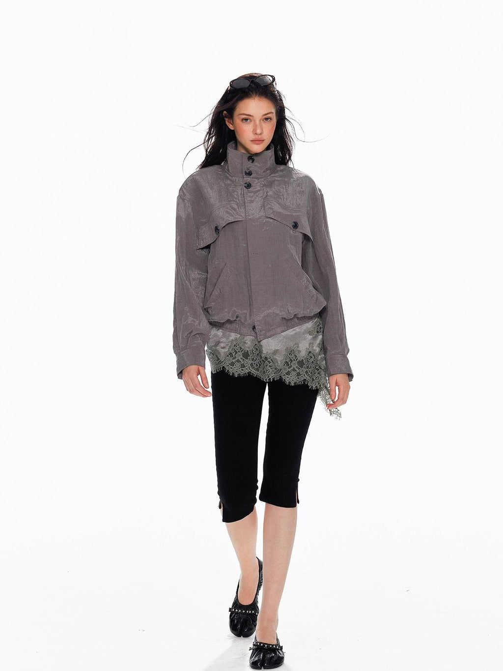 Tut tuto Shiny Lace Slim Fit Stand Collar Lyocell Women's Utility Jackets