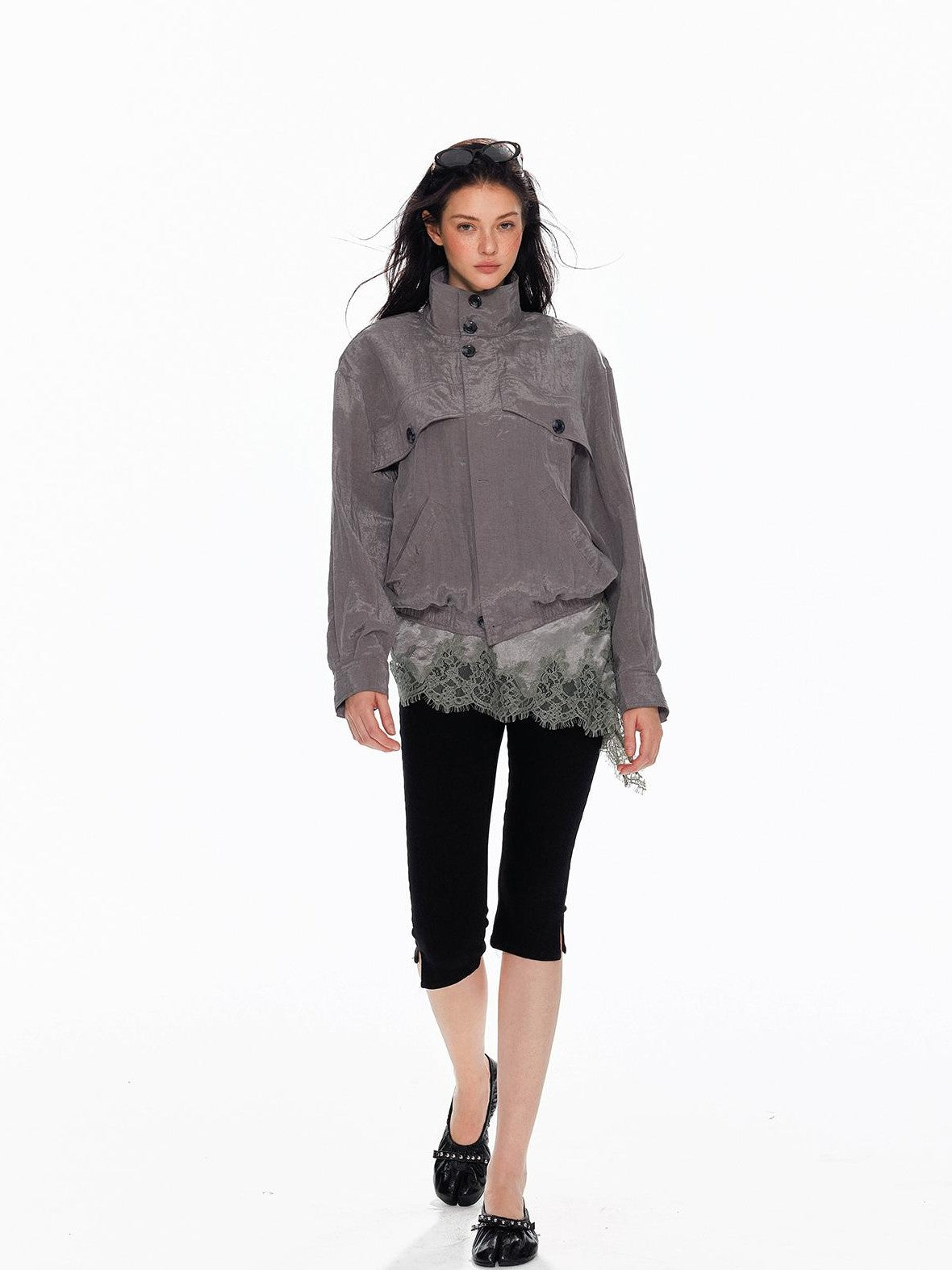 Tut tuto Shiny Lace Slim Fit Stand Collar Lyocell Women's Utility Jackets