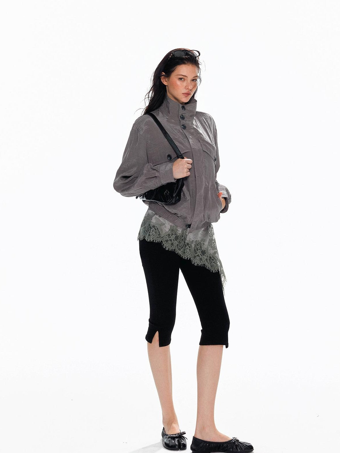 Tut tuto Shiny Lace Slim Fit Stand Collar Lyocell Women's Utility Jackets