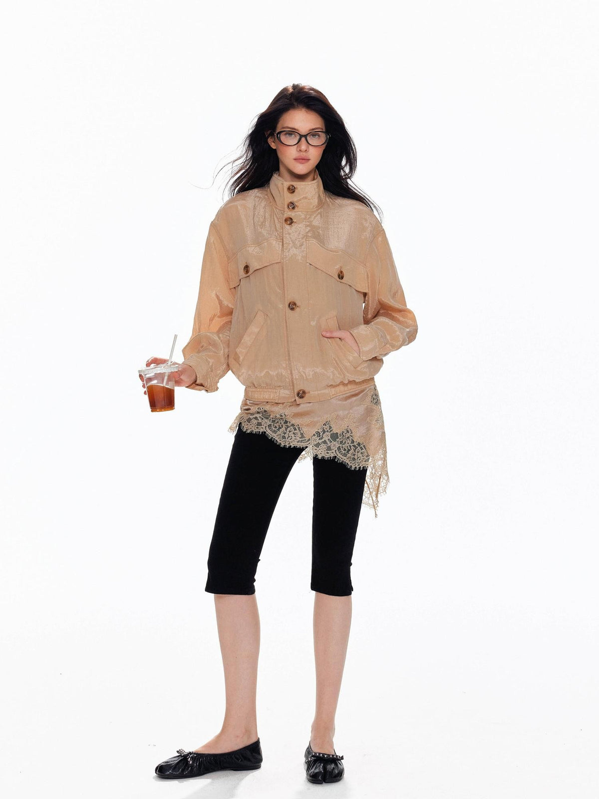 Tut tuto Shiny Lace Slim Fit Stand Collar Lyocell Women's Utility Jackets