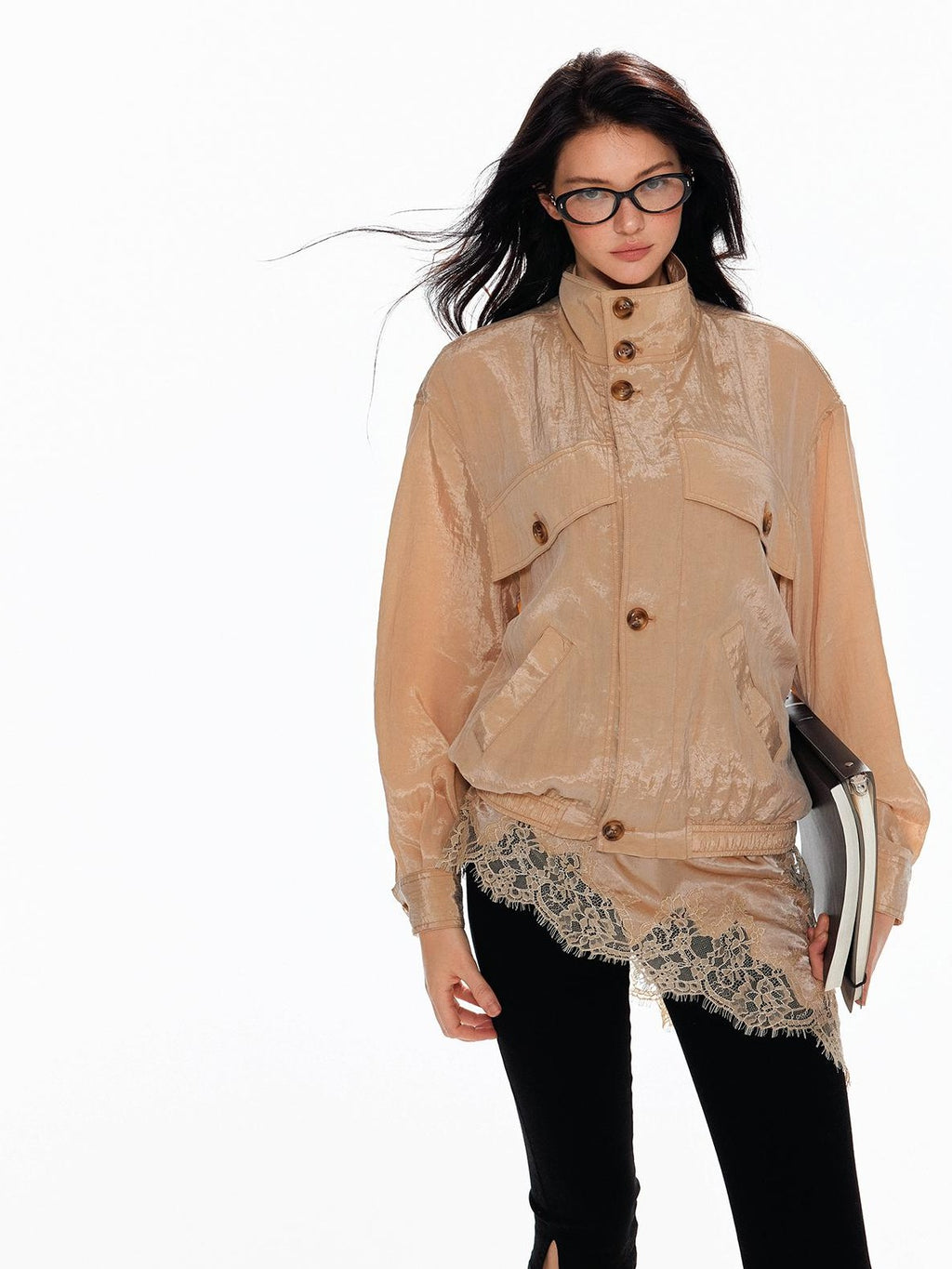 Tut tuto Shiny Lace Slim Fit Stand Collar Lyocell Women's Utility Jackets