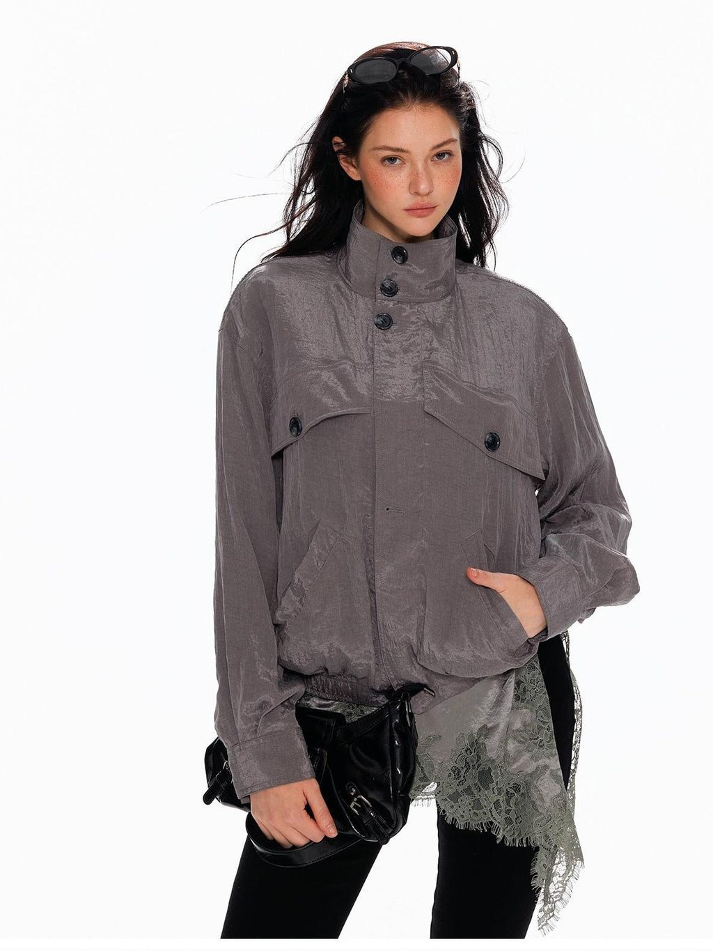 Tut tuto Shiny Lace Slim Fit Stand Collar Lyocell Women's Utility Jackets