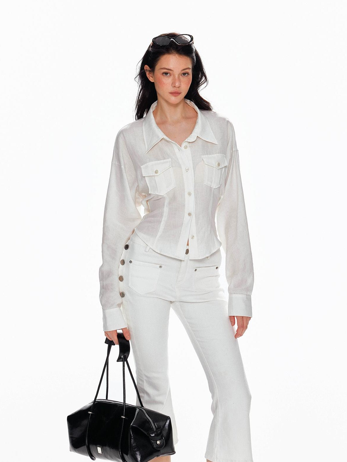Tut tuto Slimming Cinched Waist Utility Pocket Collared Women's Shirts