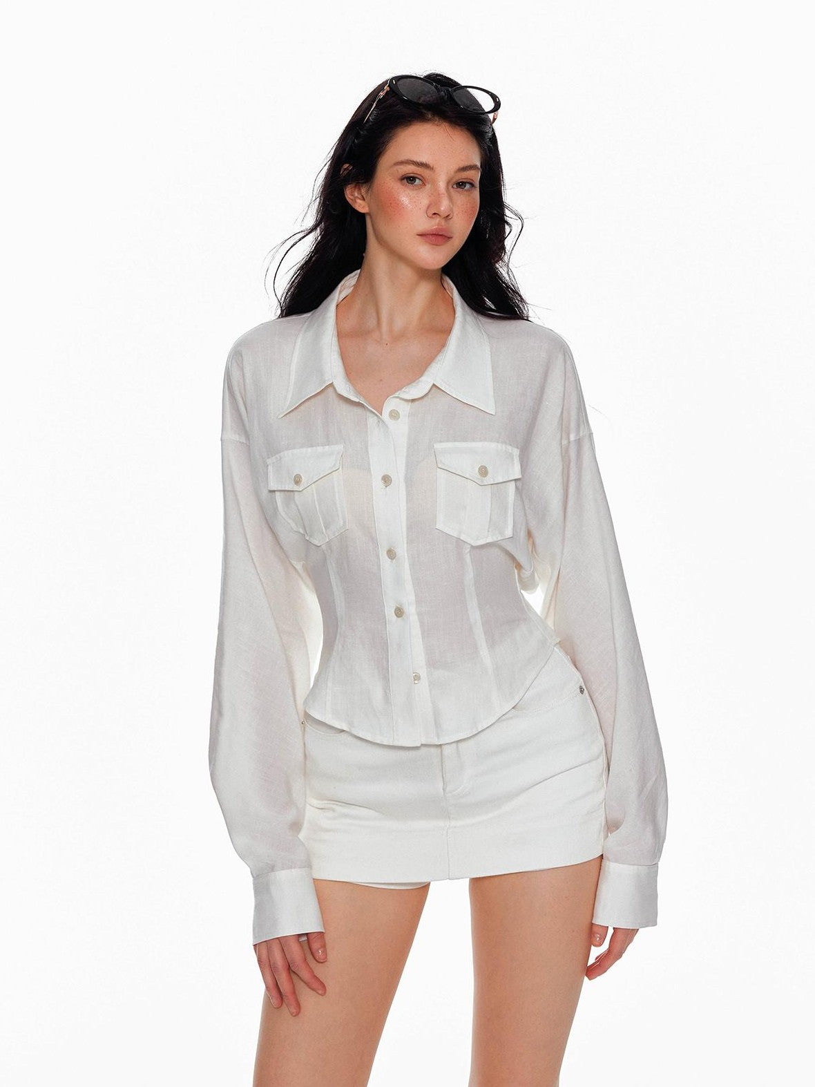 Tut tuto Slimming Cinched Waist Utility Pocket Collared Women's Shirts
