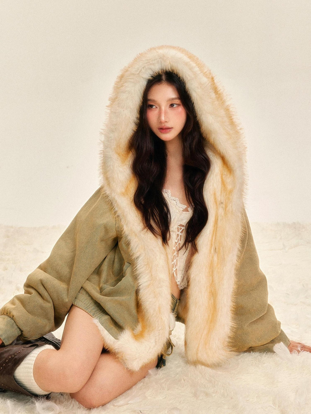 Tut tuto Vintage Green Reversible Hooded Barn Style Women's Denim Faux Fur Coats