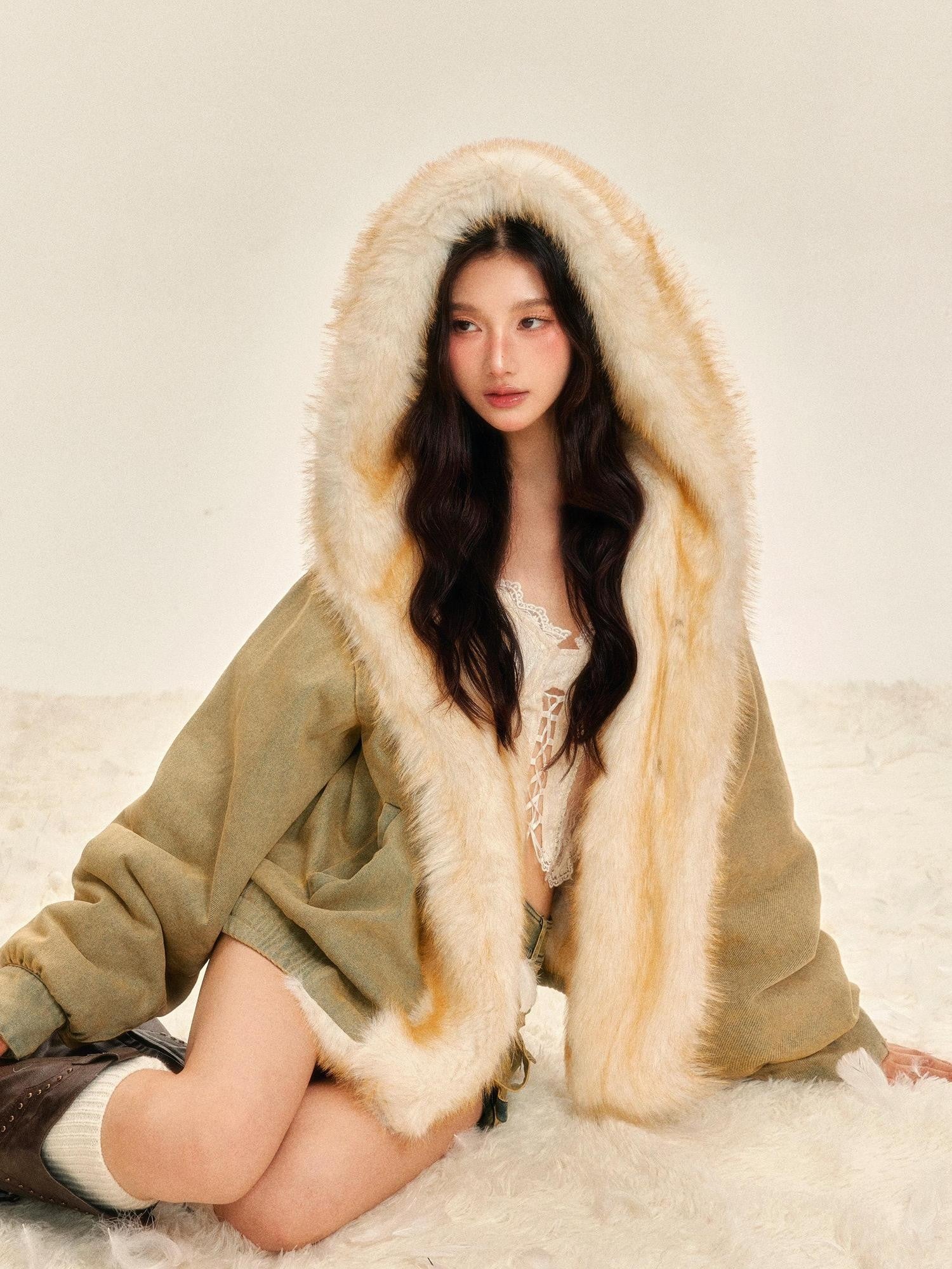 Tut tuto Vintage Green Reversible Hooded Barn Style Women's Denim Faux Fur Coats