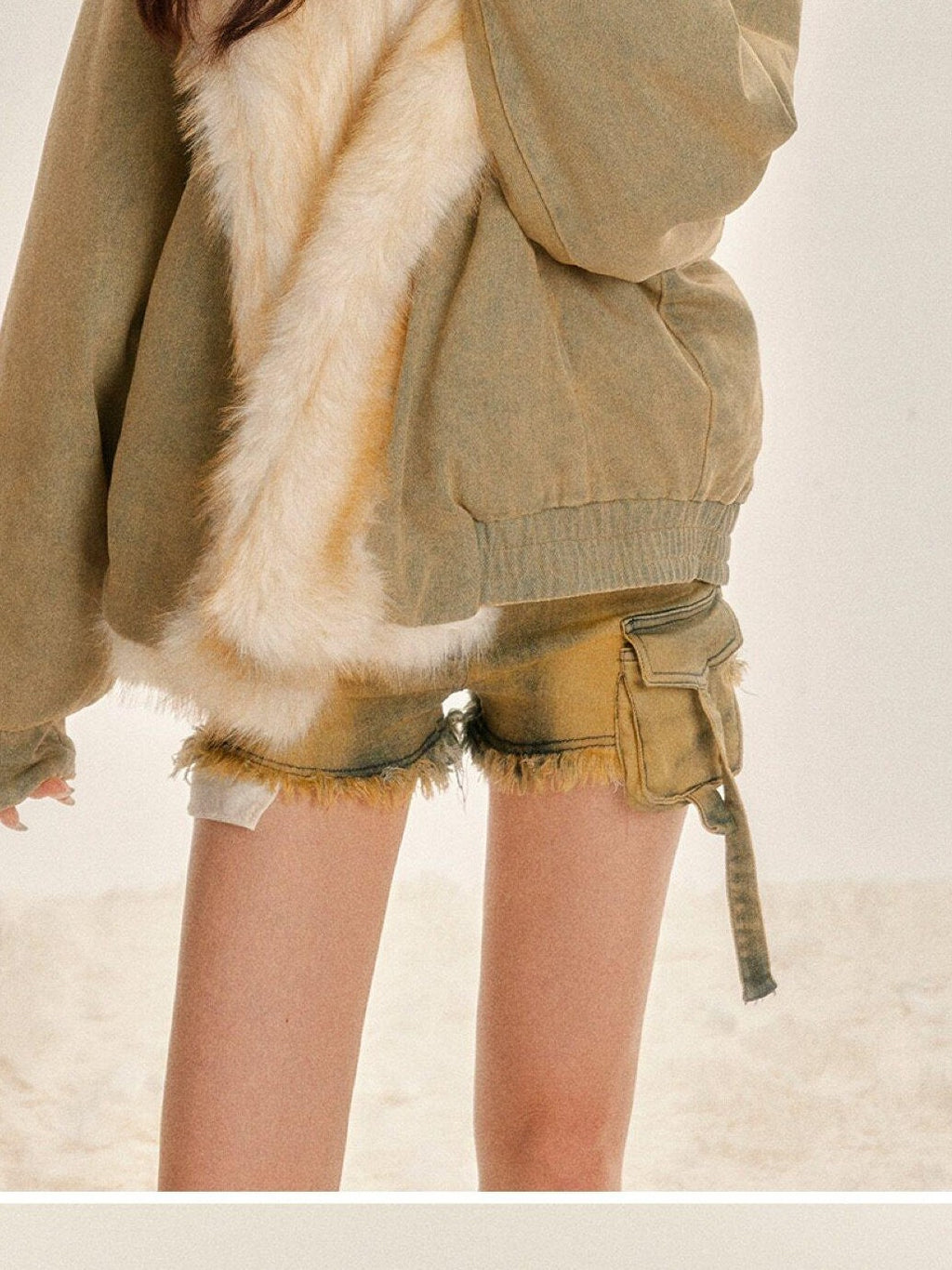 Tut tuto Vintage Green Reversible Hooded Barn Style Women's Denim Faux Fur Coats