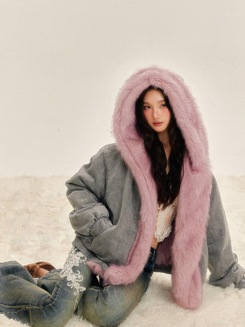 Tut tuto Vintage Green Reversible Hooded Barn Style Women's Denim Faux Fur Coats