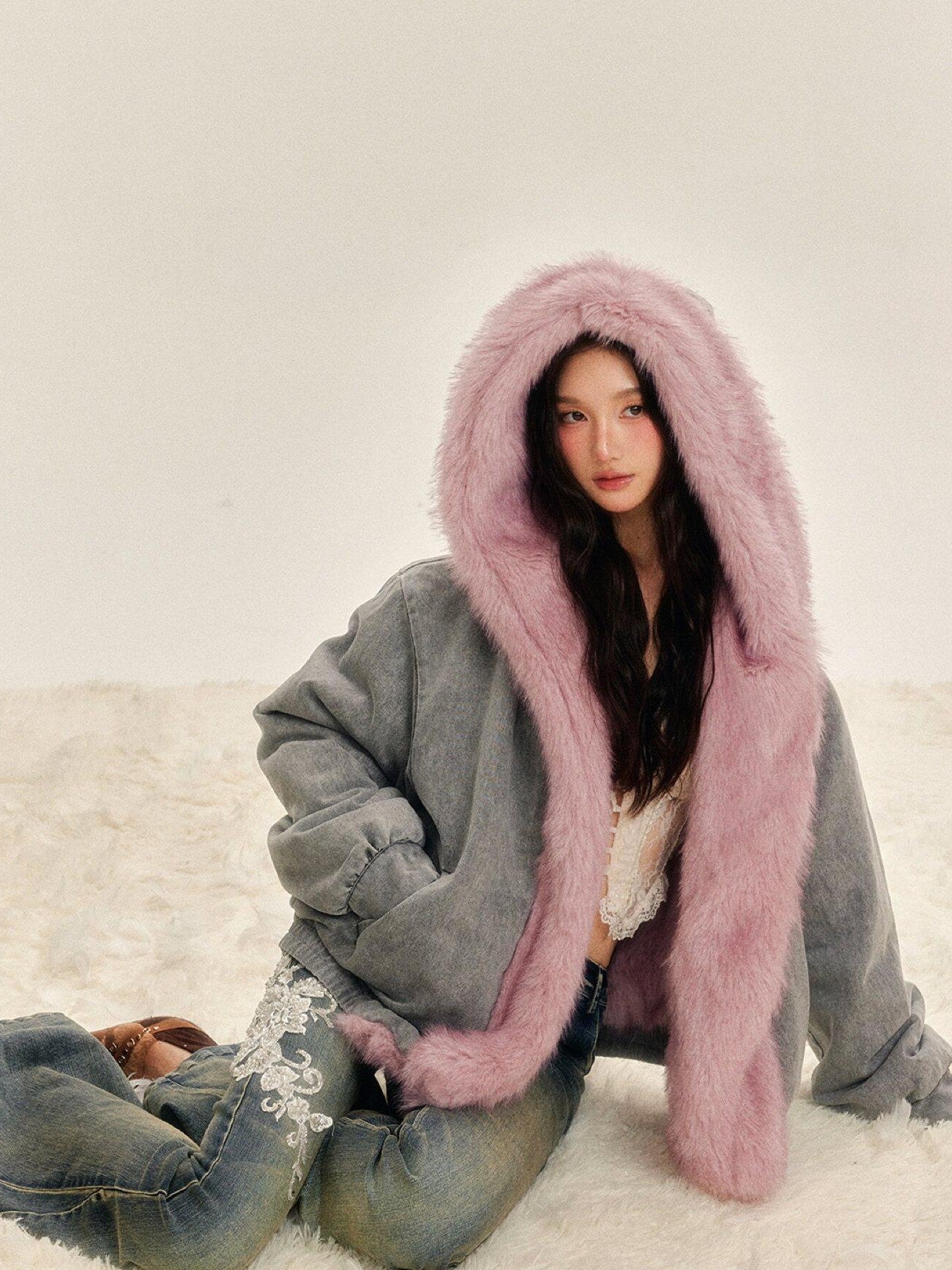 Tut tuto Vintage Green Reversible Hooded Barn Style Women's Denim Faux Fur Coats