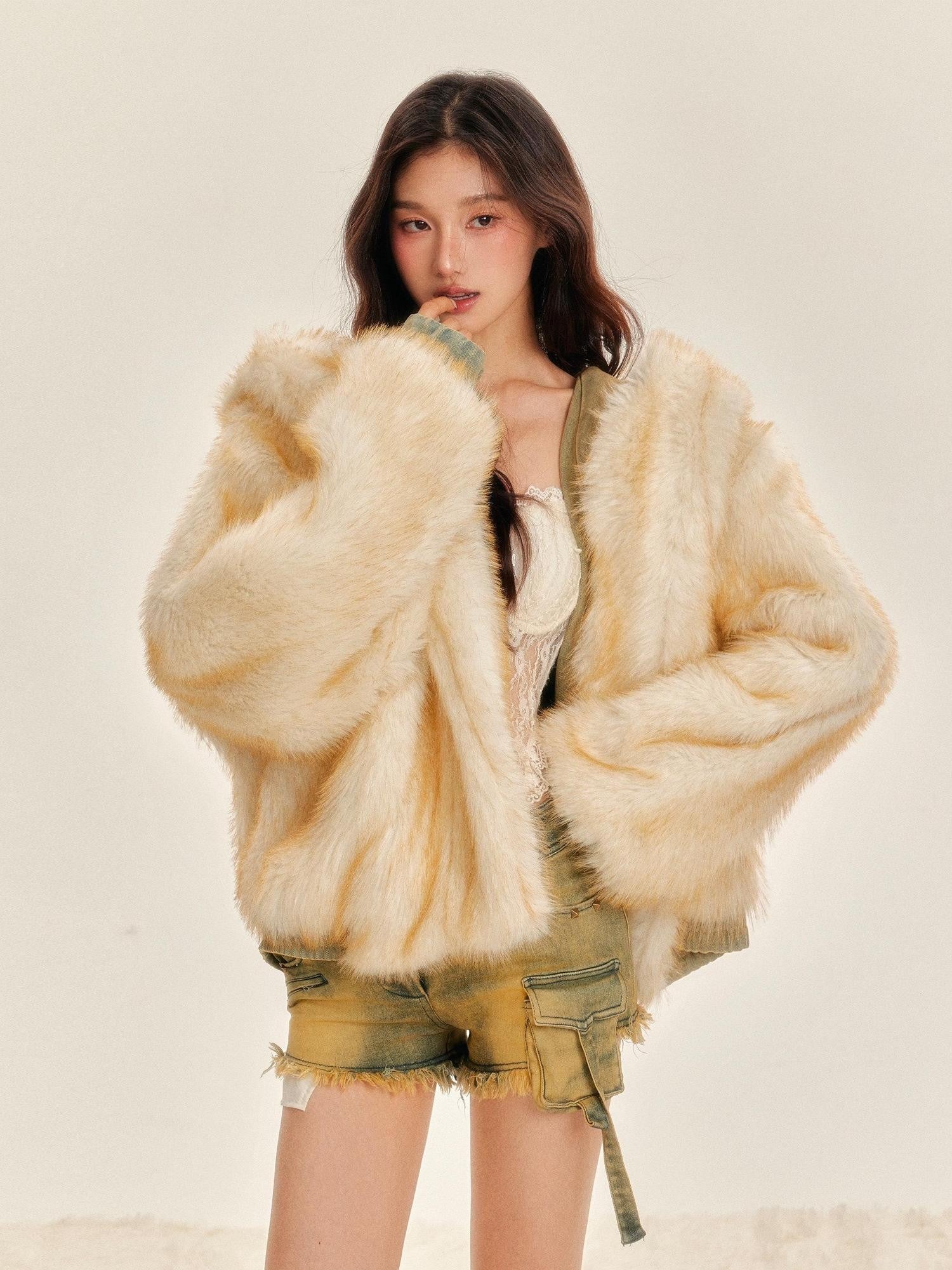 Tut tuto Vintage Green Reversible Hooded Barn Style Women's Denim Faux Fur Coats