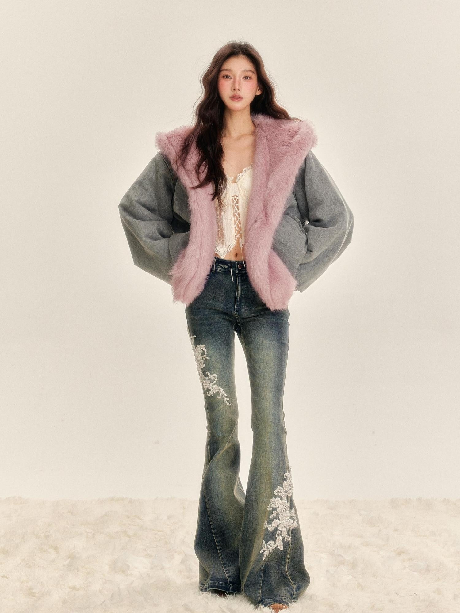 Tut tuto Vintage Green Reversible Hooded Barn Style Women's Denim Faux Fur Coats