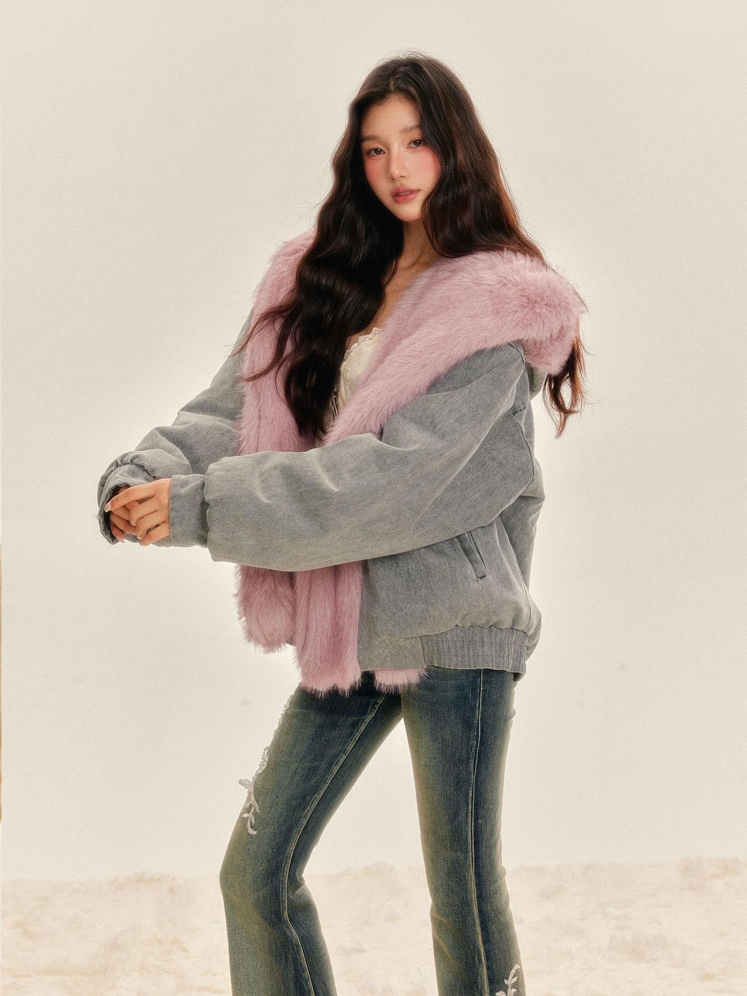 Tut tuto Vintage Green Reversible Hooded Barn Style Women's Denim Faux Fur Coats