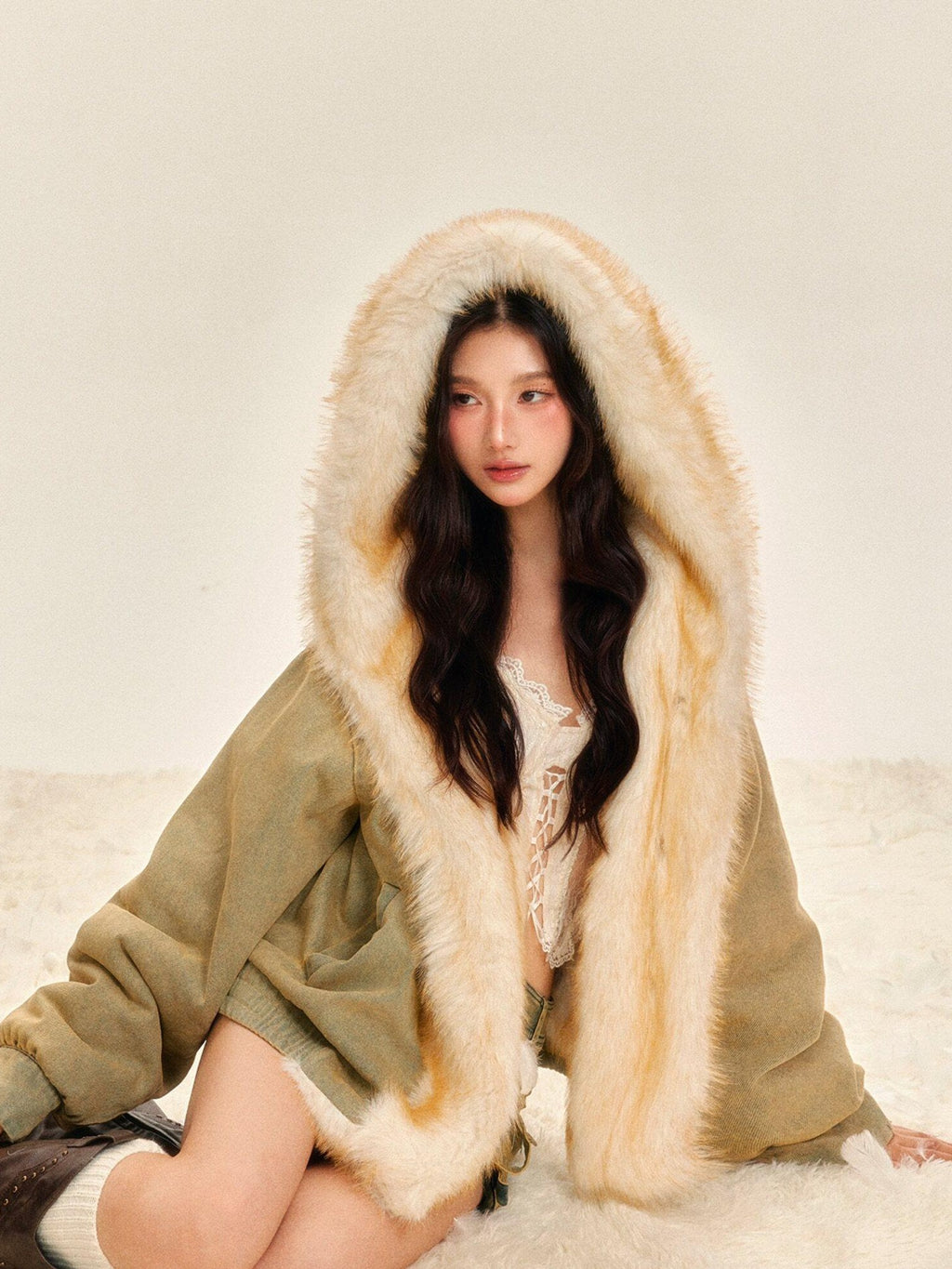 Tut tuto Vintage Green Reversible Hooded Barn Style Women's Denim Faux Fur Coats