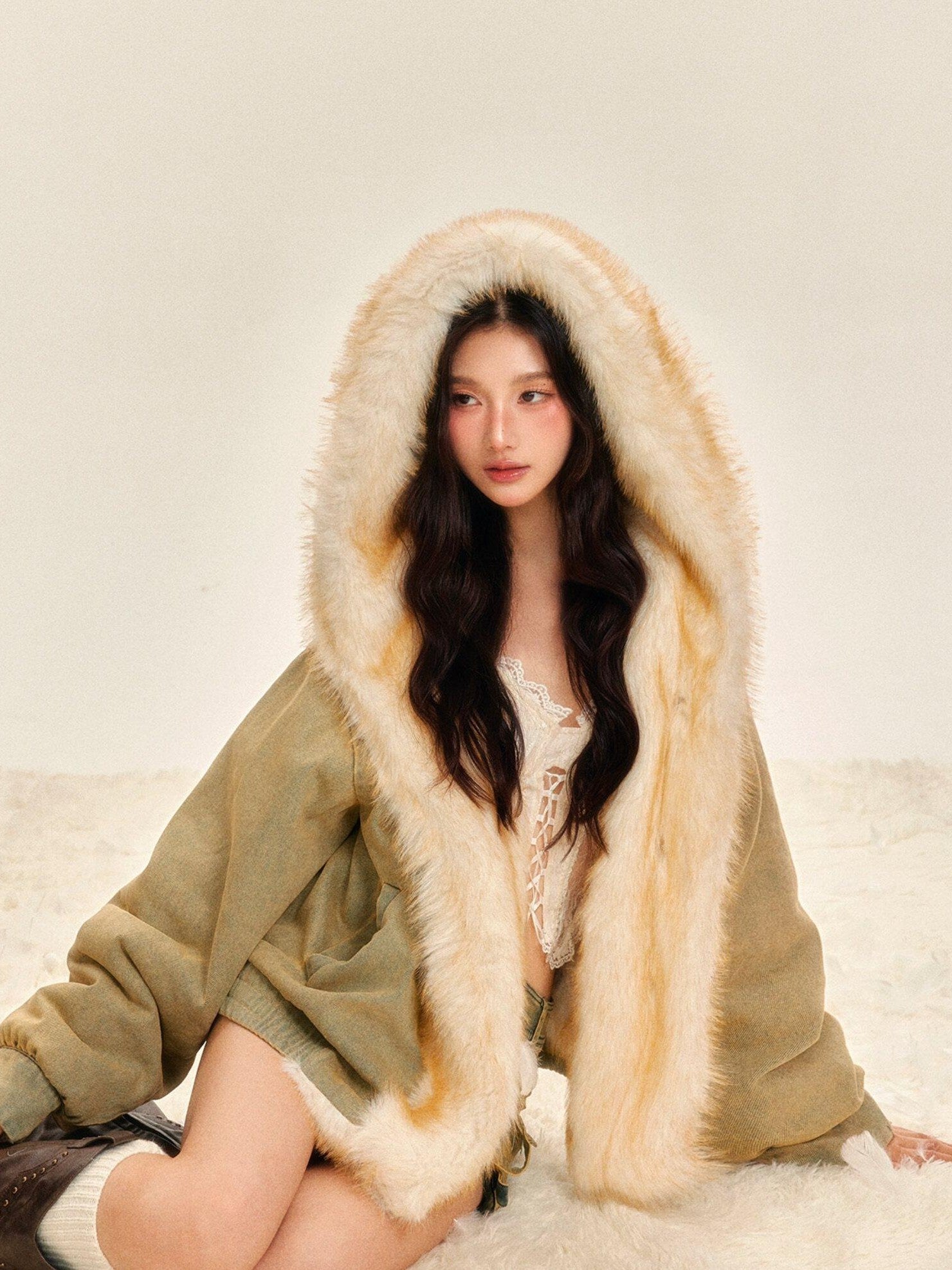 Tut tuto Vintage Green Reversible Hooded Barn Style Women's Denim Faux Fur Coats
