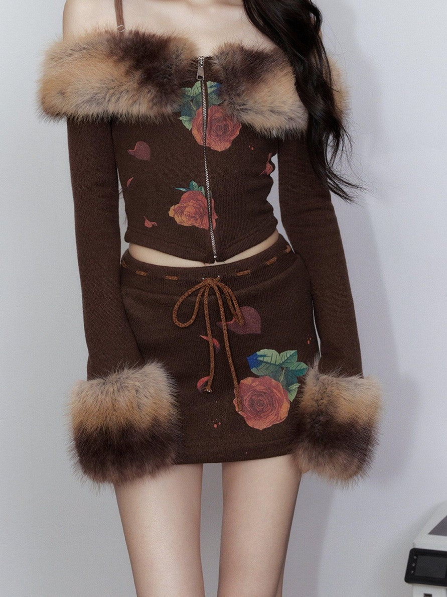 Tut tuto Vintage Ombre Faux Fur Collar Women's Rose Print Knit Top & Skirt Sets