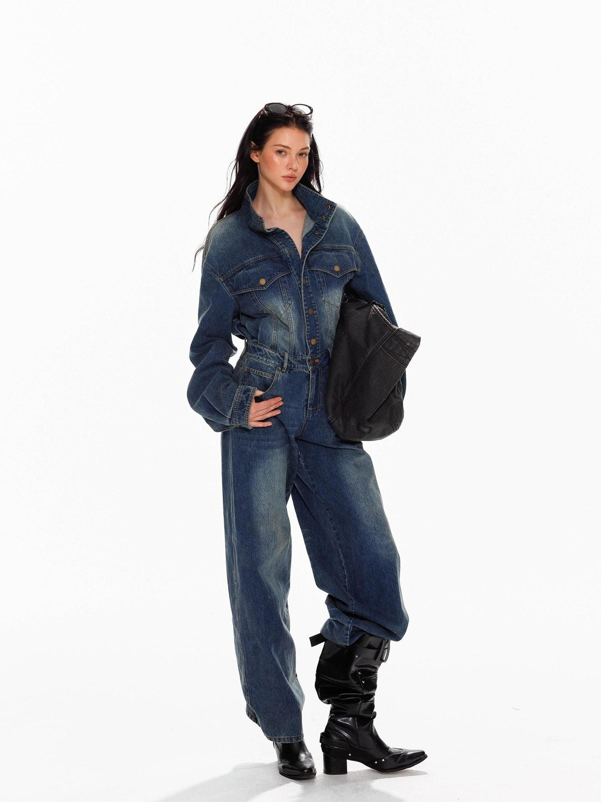 Tut tuto Vintage Washed Collared Wide-leg Jeans Women's Cotton Wide-leg Jeans