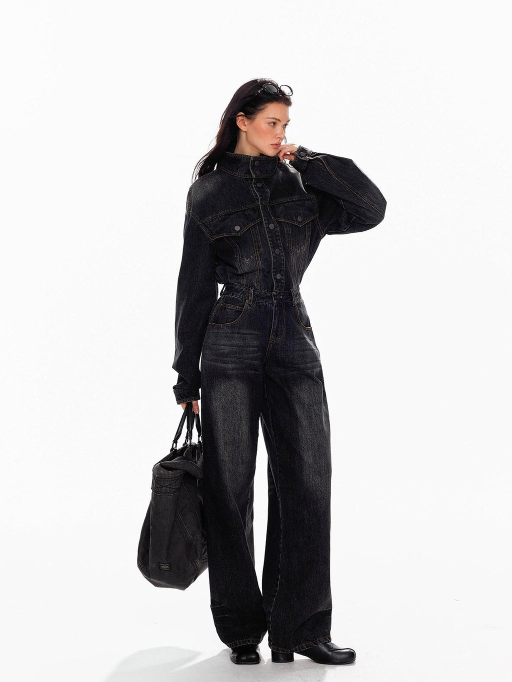 Tut tuto Vintage Washed Collared Wide-leg Jeans Women's Cotton Wide-leg Jeans