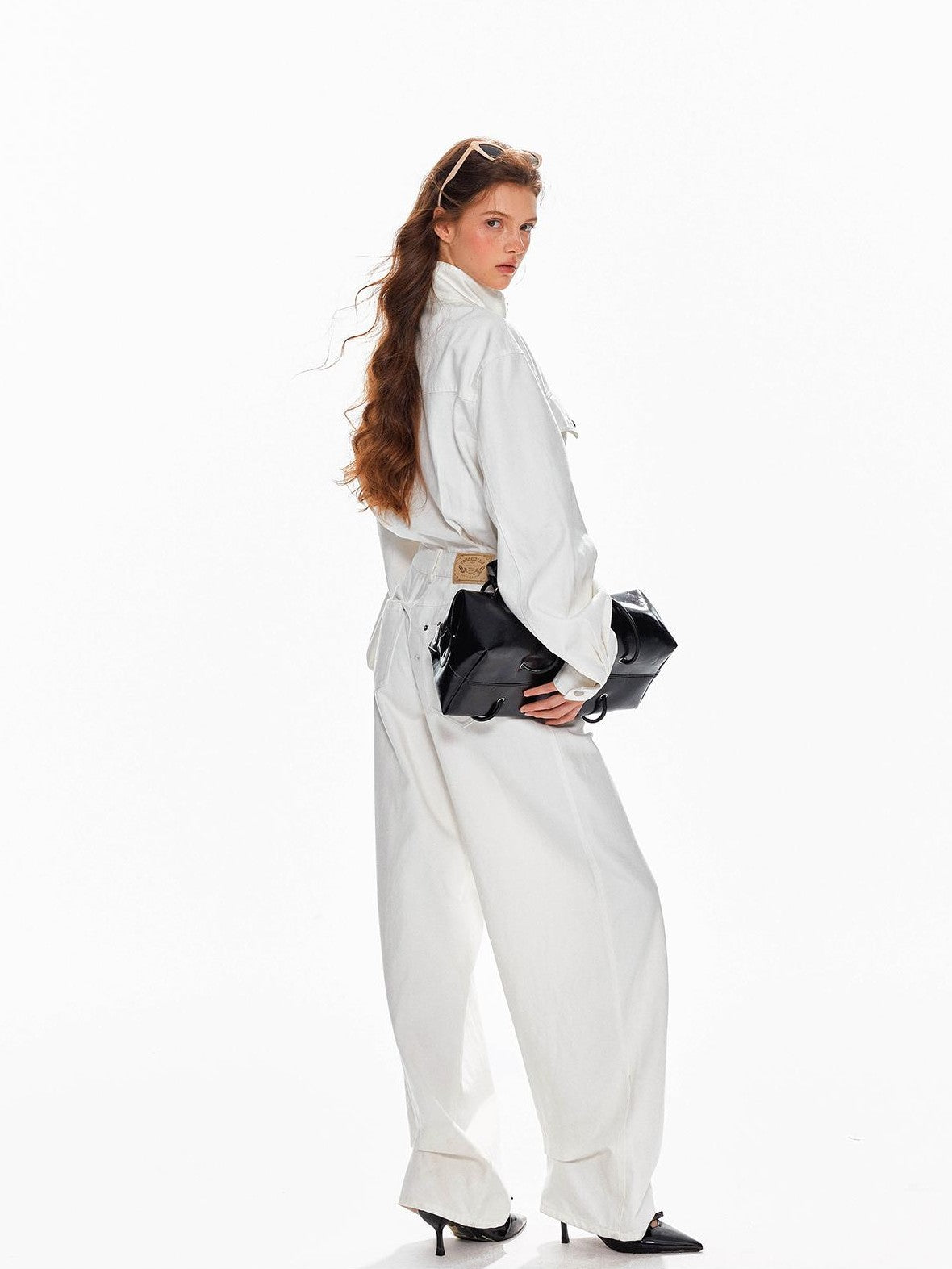 Tut tuto Vintage Washed Collared Wide-leg Jeans Women's Cotton Wide-leg Jeans
