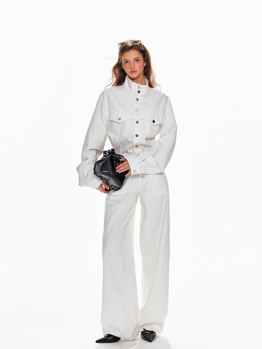 Tut tuto Vintage Washed Collared Wide-leg Jeans Women's Cotton Wide-leg Jeans