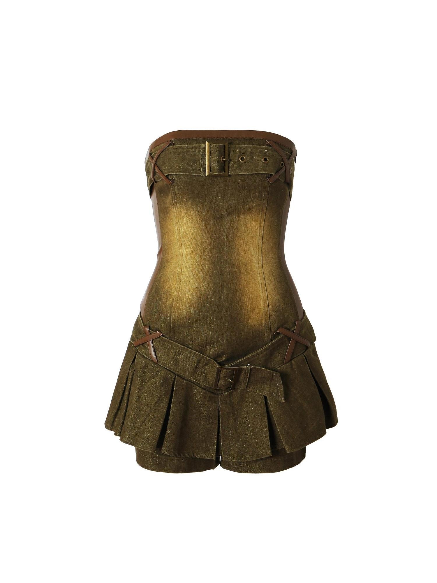 Tut tuto Washed Denim Strapless Backless Pleated Leather Patch Women's Tube Mini Dresses