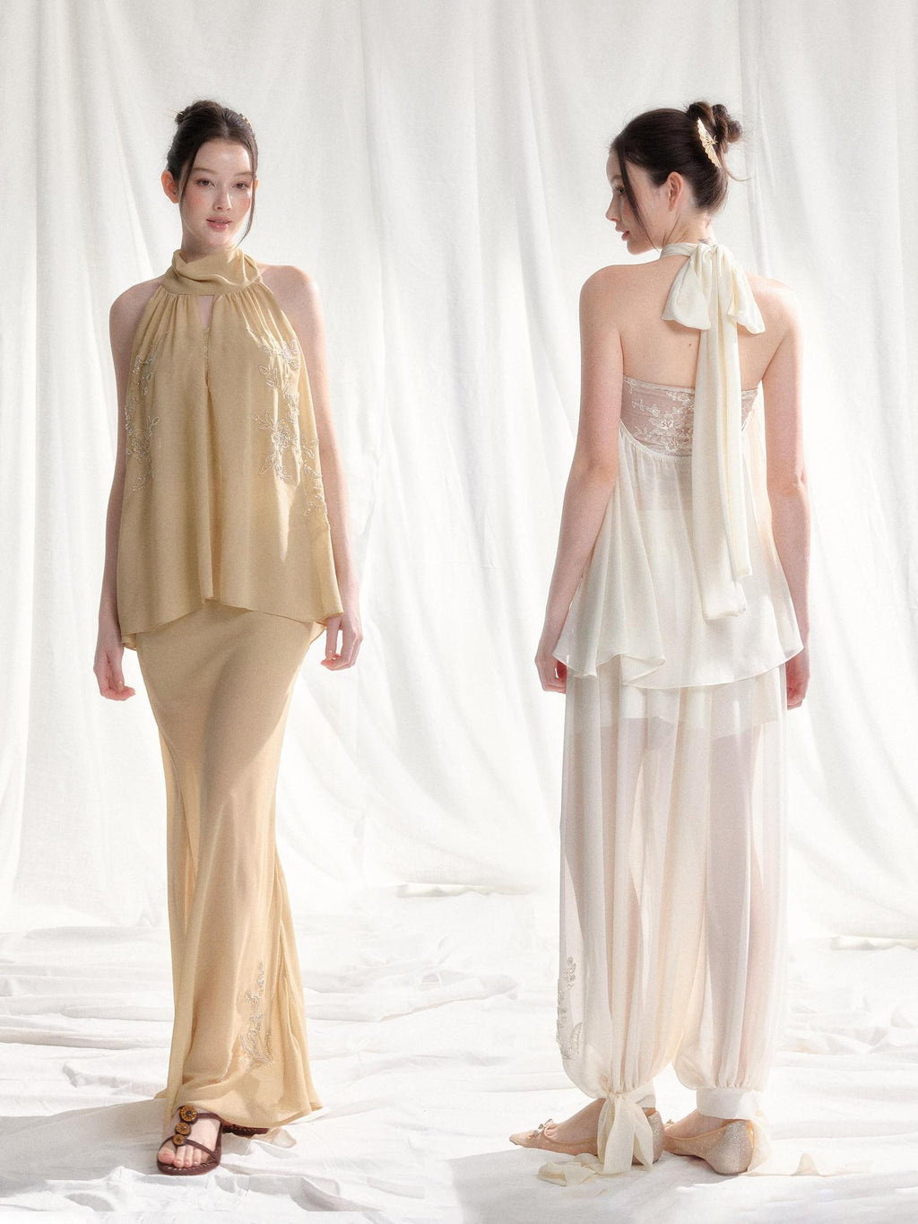Tut tuto White Yellow Beaded Halter Lace Women's Chiffon Casual Top & Pants Sets